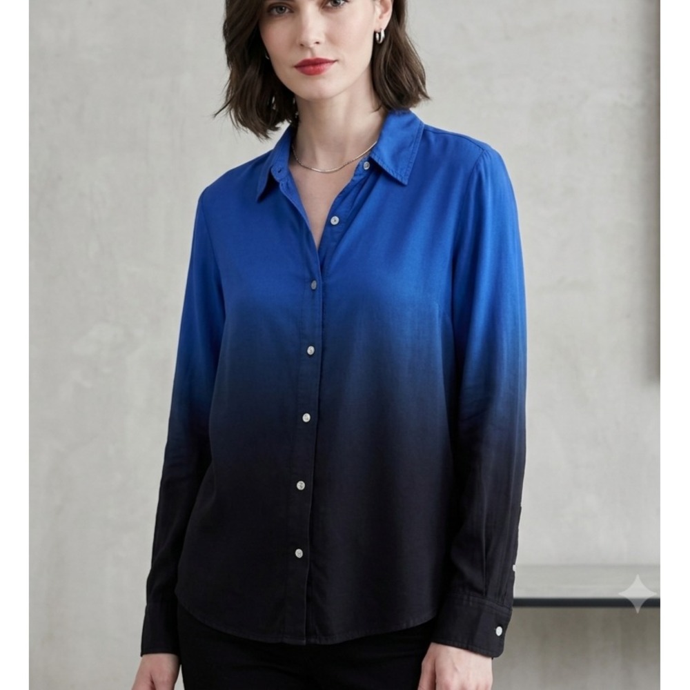 SUNDRY Shirt Womens Sz 1 Small Button Up Blue Sapphire Ombrè Dip Dye Chic Modern